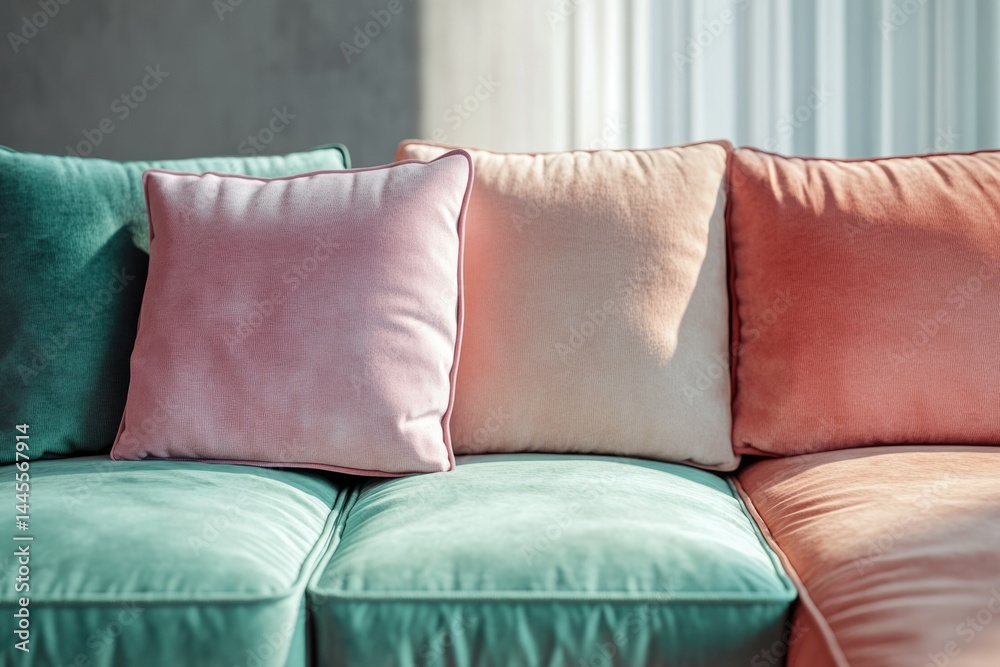 Soft pastel-colored pillows arranged on a teal velvet couch, bathed in sunlight. Soft pastel-colored pillows arranged on a teal velvet couch, bathed in sunlight.