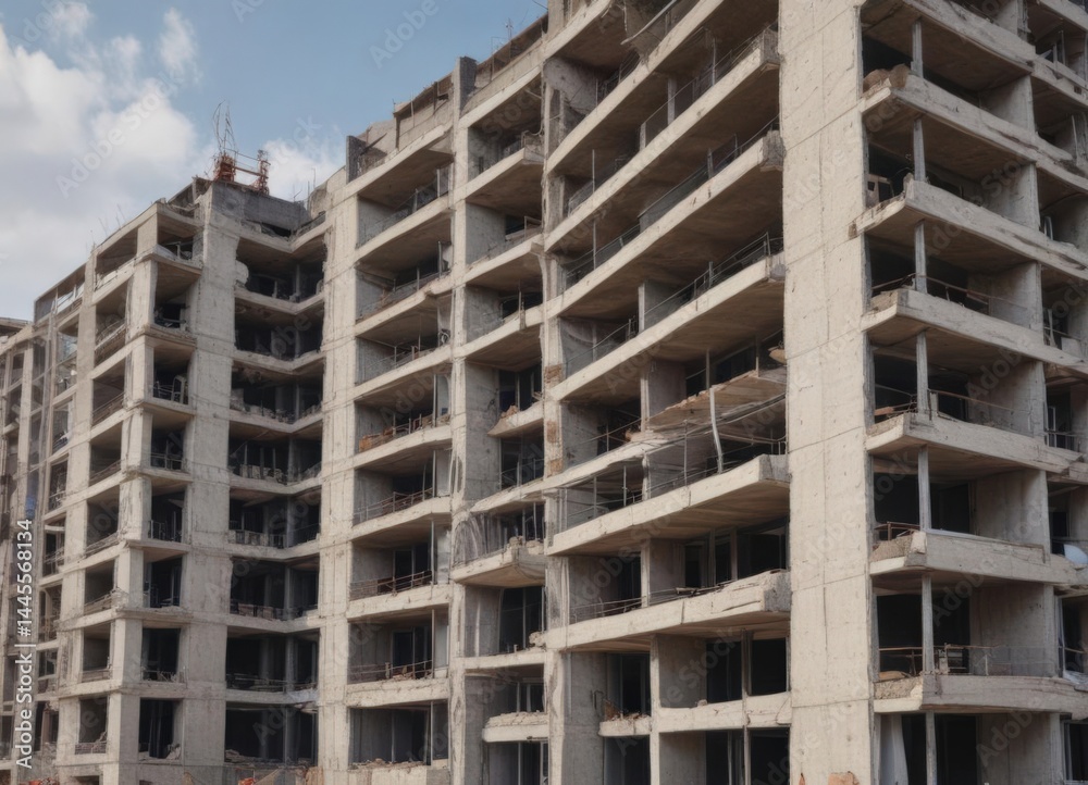 Modern apartment building under construction, progress shown , industry, concrete, rendering Modern apartment building under construction, progress shown , industry, concrete, rendering