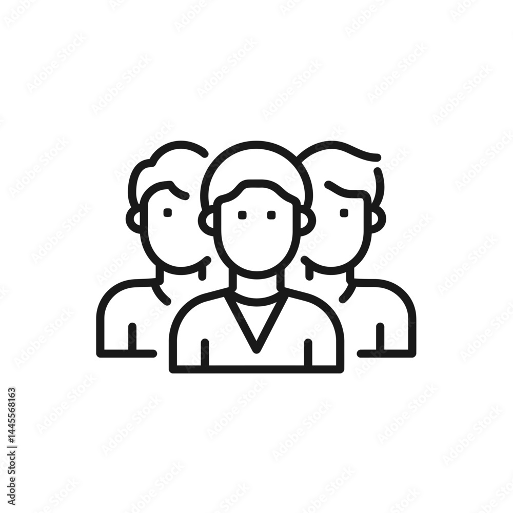 Three outlined people icons on white background; concept for teamwork, collaboration, and community illustrations Three outlined people icons on white background; concept for teamwork, collaboration, and community illustrations
