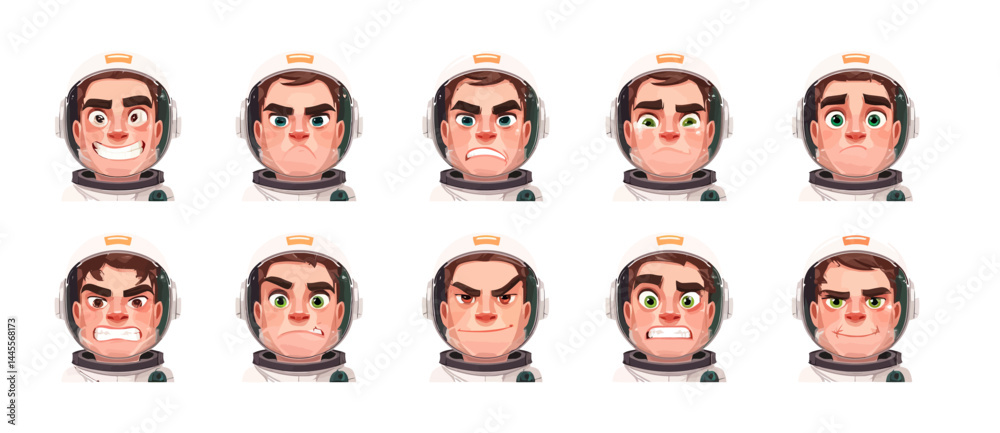 A set of expressive character faces for an Astronaut, showcasing different emotions: happy, angry, surprised, sad, mischievous, and neutral. A set of expressive character faces for an Astronaut, showcasing different emotions: happy, angry, surprised, sad, mischievous, and neutral.