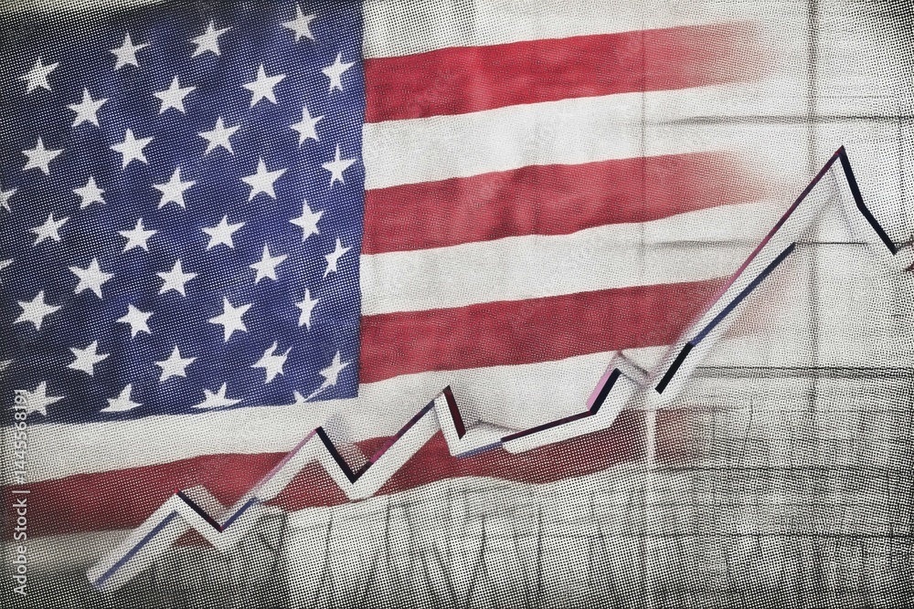 Obraz premium 3D arrow pointing up, bar graph depicting growth in style of USA flag,white background