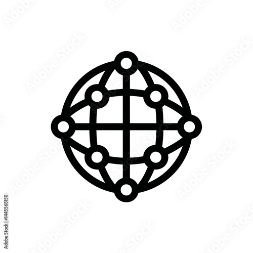Bold black outline icon of a globe with interconnected nodes, concept for global network, connection, and communication