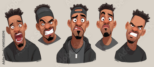 A set of expressive character faces for a Hip-hop artist, showcasing different emotions: happy, angry, surprised, sad, mischievous, and neutral.