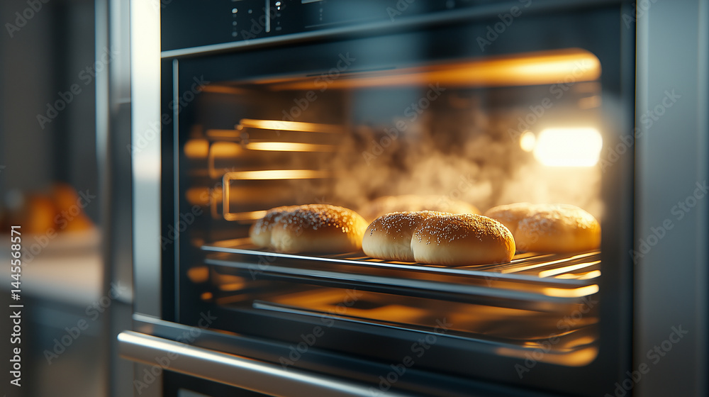 Interior view through the glass door of a stainless steel toaster oven, golden brown buns puffing up as convection fans circulate hot air, a cozy kitchen scene