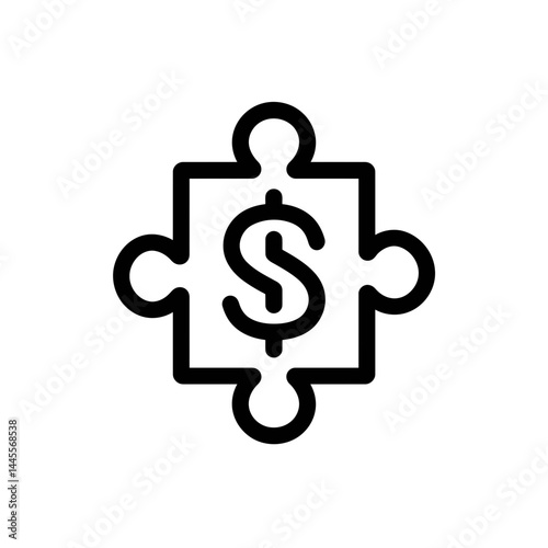 Bold black line art illustration of a dollar sign inside a puzzle piece, concept for financial solutions, business strategy, and investment planning