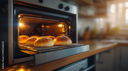 Shiny stainless steel toaster oven on a wooden countertop, fresh buns baking inside under glowing heating coils, rustic kitchen decor surrounding it