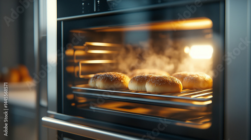 Obraz na płótnie Interior view through the glass door of a stainless steel toaster oven, golden brown buns puffing up as convection fans circulate hot air, a cozy kitchen scene w salonie