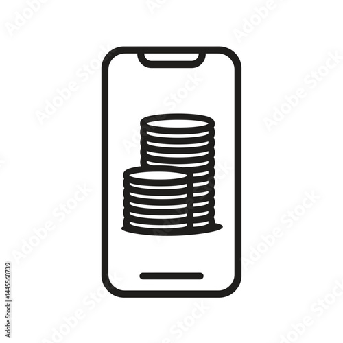 Smartphone screen displaying stacks of coins, a concept for mobile banking apps and financial technology illustrations