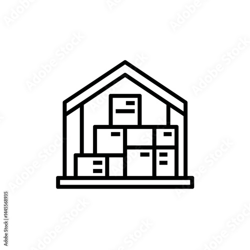 Line art illustration of stacked boxes inside a warehouse, concept for logistics, storage, and supply chain management