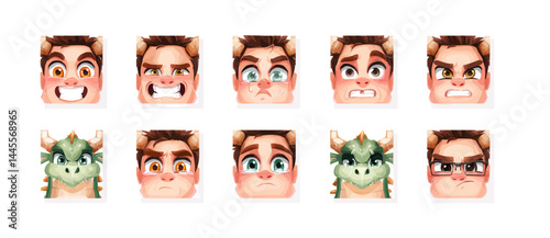 A set of expressive character faces for a Dragon tamer, showcasing different emotions: happy, angry, surprised, sad, mischievous, and neutral.