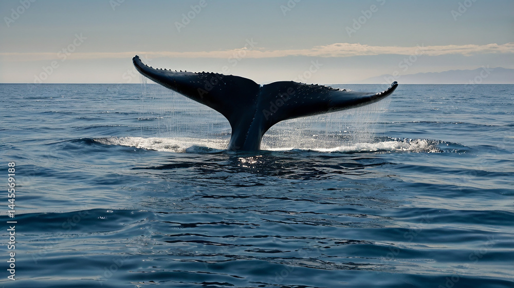 Fototapeta premium This serene yet powerful sight provides a glimpse of the size and majesty of this magnificent sea creature. The humpback whale's massive, uniquely patterned tail towers high above the calm blue sea.