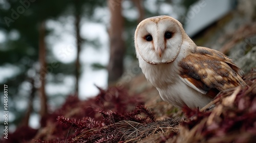 Close-up of a Barn Owl on a Forest Floor During Daytime with Blurred Green Trees in the Background photo