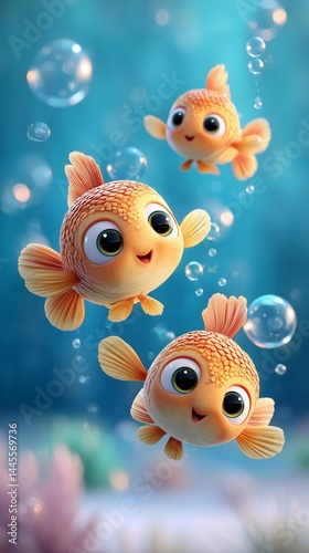Cartoon underwater scene design template ,cute fish school,game or mobile app, illustration.