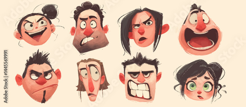 A set of expressive character faces for a Tattoo artist, showcasing different emotions: happy, angry, surprised, sad, mischievous, and neutral.