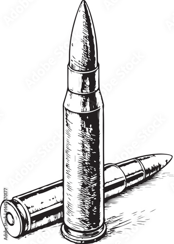 Bullets Ammunition Weapon Shot and Shooting Black and White Vector Illustration, Sketch Drawing Line Linear Symbol Icon Engraving, Hand-drawn Isolated