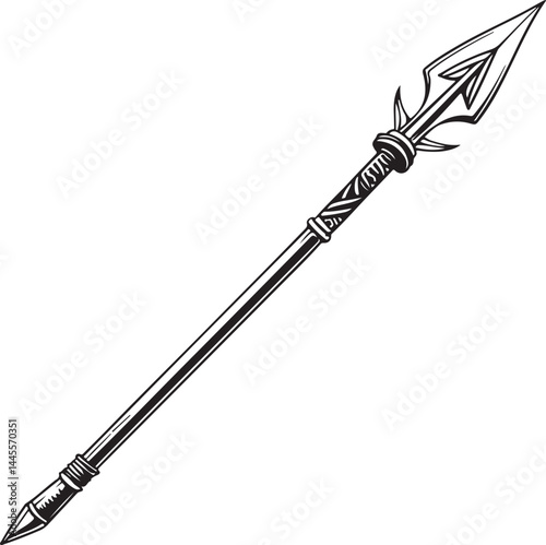 Spear Weapon Black and White Vector Illustration, Sketch Drawing Line Linear Symbol Icon Engraving, Hand-drawn Isolated