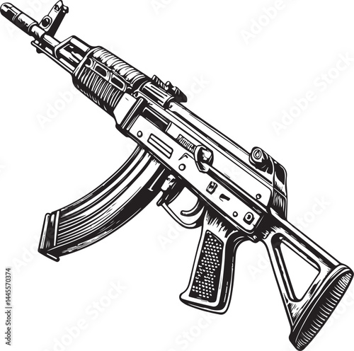 Submachine gun weapon Black and White Vector Illustration, Sketch Drawing Line Linear Symbol Icon Engraving, Hand-drawn Isolated