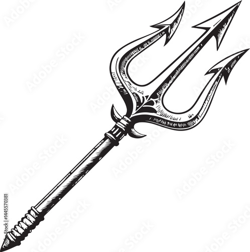 Trident Weapon Black and White Vector Illustration, Sketch Drawing Line Linear Symbol Icon Engraving, Hand-drawn Isolated