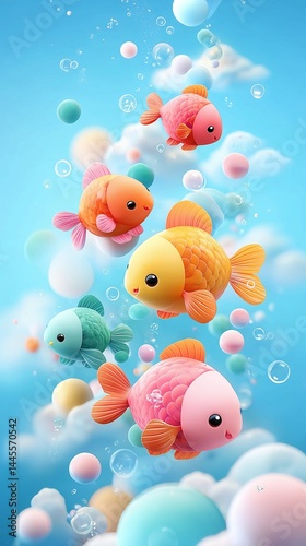 Cartoon underwater scene design template ,cute fish school,game or mobile app, illustration.