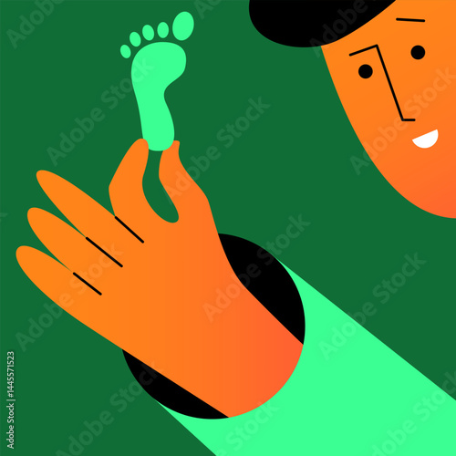 Digital trace and boy. Biometric identity protection. Investigations and traces. Footprint tracking chip. Hi-tech technologies. Flat vector illustration.