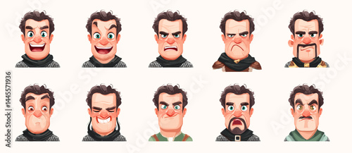 A set of expressive character faces for a Medieval knight, showcasing different emotions: happy, angry, surprised, sad, mischievous, and neutral.