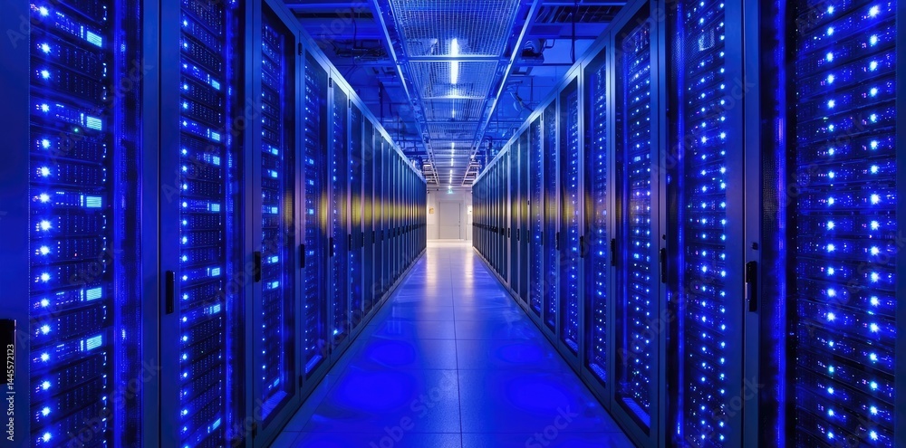 Fototapeta premium High tech data center with glowing blue servers in rows and modern lighting, ideal for IT, cloud, or cybersecurity themes