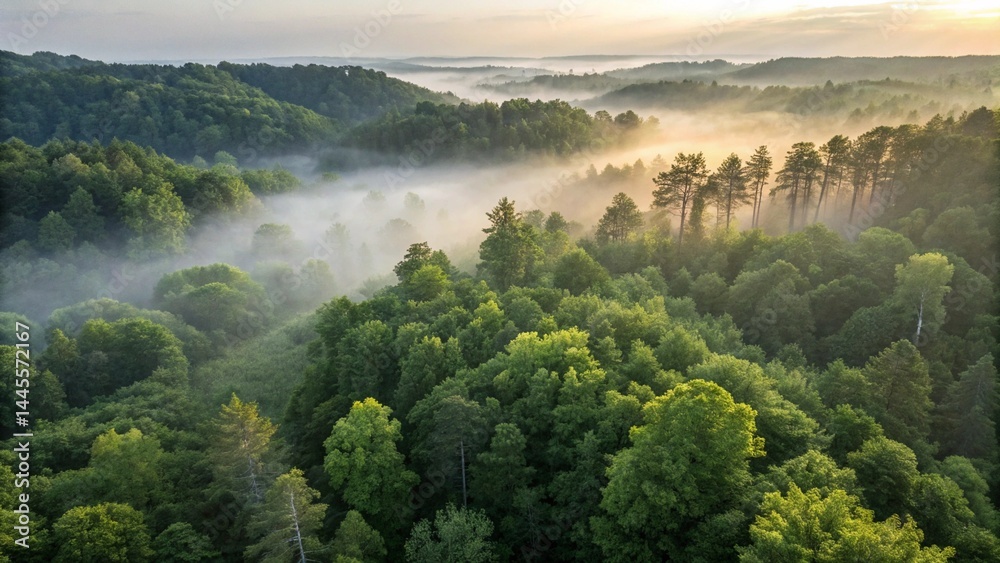 Fototapeta premium Misty Sunrise Over Lush Green Forest