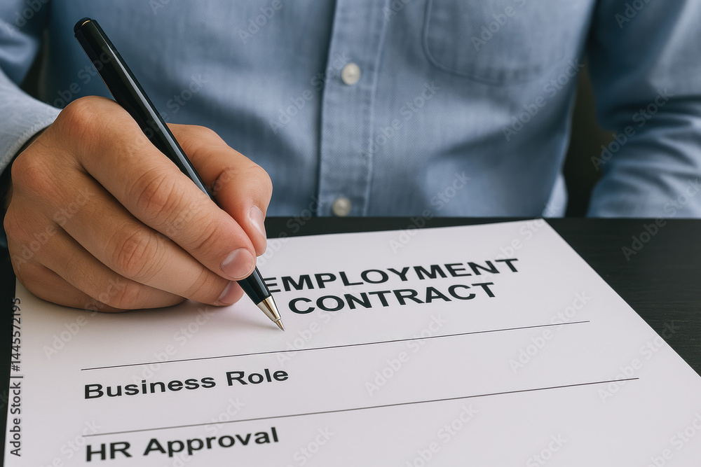 A person is signing an employment contract that details the business role and requires hr approval reflecting a professional agreement process A person is signing an employment contract that details the business role and requires hr approval reflecting a professional agreement process