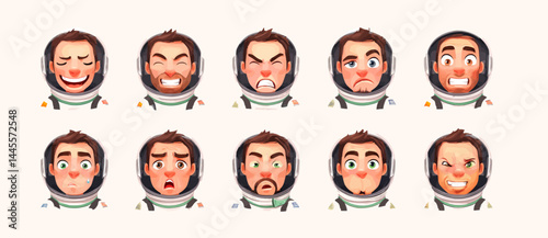 A set of expressive character faces for an Astronaut, showcasing different emotions: happy, angry, surprised, sad, mischievous, and neutral.