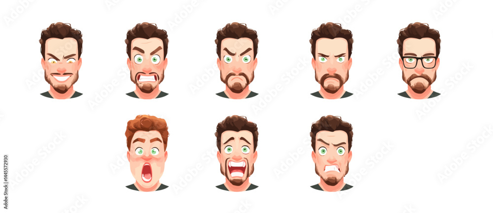 Fototapeta premium A set of expressive character faces for a Musician, showcasing different emotions: happy, angry, surprised, sad, mischievous, and neutral.