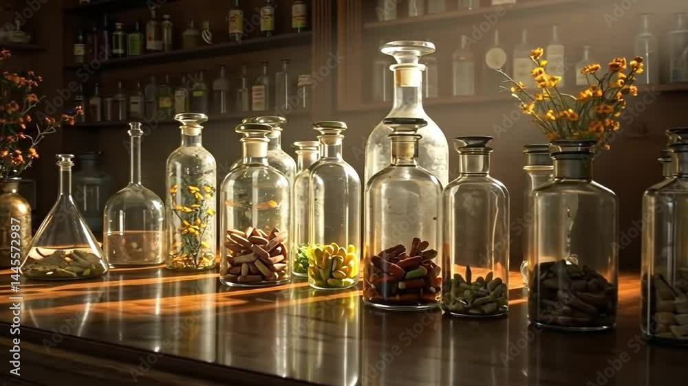 Vintage apothecary bottles collection antique pharmacy glass jars display still life medicine shop decor