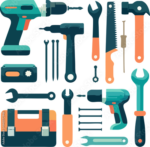 Flat Icon Set of DIY Hand Tools and Power Tools for Home Repair