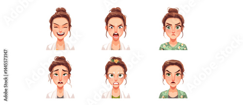 A set of expressive character faces for a Yoga instructor, showcasing different emotions: happy, angry, surprised, sad, mischievous, and neutral.