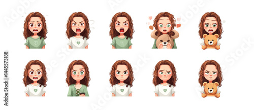 A set of expressive character faces for a Little girl with teddy bear, showcasing different emotions: happy, angry, surprised, sad, mischievous, and neutral.