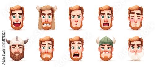 A set of expressive character faces for a Viking, showcasing different emotions: happy, angry, surprised, sad, mischievous, and neutral.