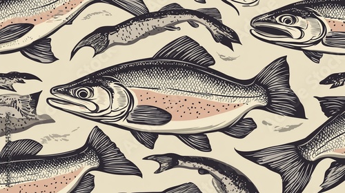 Detailed Artistic Illustration of Various Trout Fish Species in Seamless Design