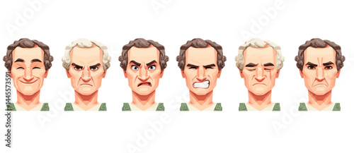 A set of expressive character faces for a Roman senator, showcasing different emotions: happy, angry, surprised, sad, mischievous, and neutral.
