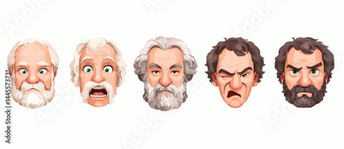 A set of expressive character faces for a Greek philosopher, showcasing different emotions: happy, angry, surprised, sad, mischievous, and neutral.