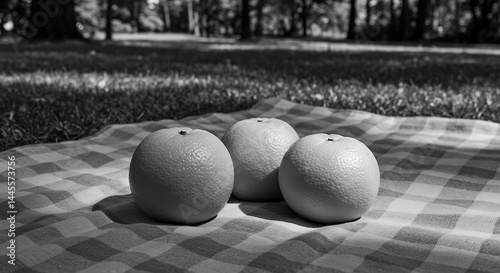 Oranges on Checked Blanket in Grassy Park Setting Black and White