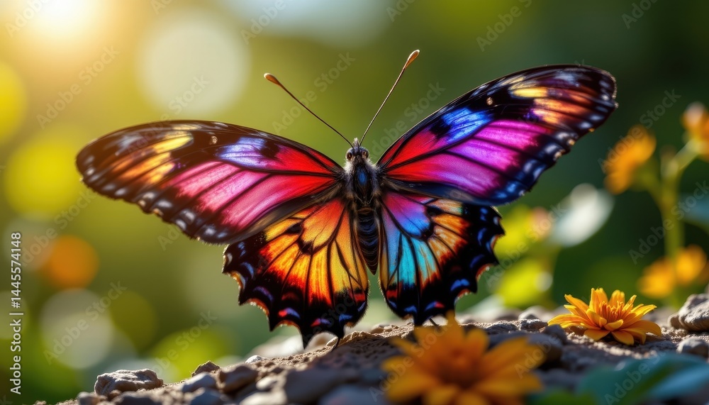 Naklejka premium the vibrant butterfly gently opens its intricate wings, revealing a stunning display of iridescent colors and delicate patterns, as it rests gracefully in the warm sunlight.