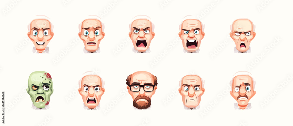 Fototapeta premium A set of expressive character faces for a Zombie, showcasing different emotions: happy, angry, surprised, sad, mischievous, and neutral.
