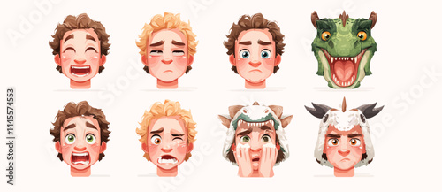 A set of expressive character faces for a Dragon tamer, showcasing different emotions: happy, angry, surprised, sad, mischievous, and neutral.