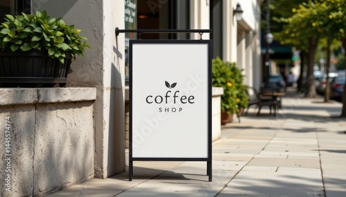 a minimalistic and modern street signboard mockup showcasing a sleek logo design for a coffee shop, featuring a muted color palette of neutral tones