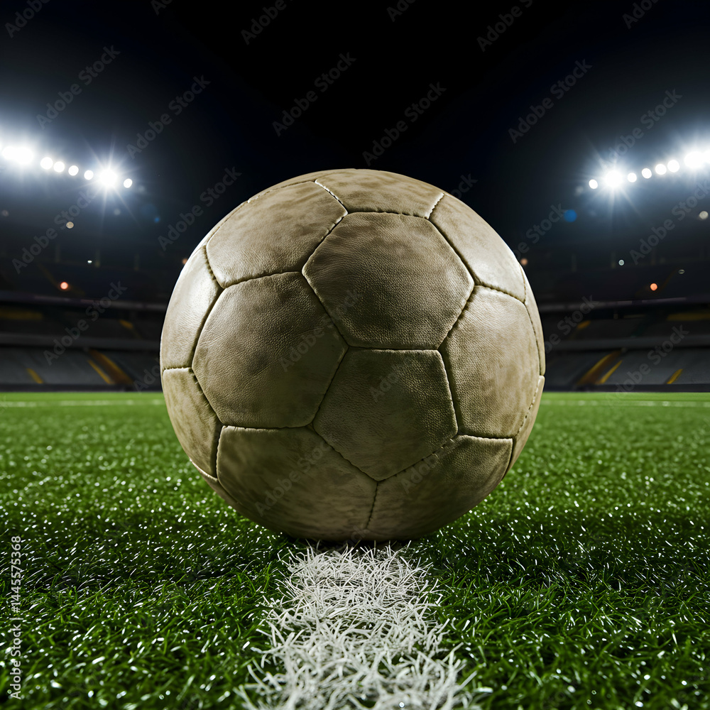 Fototapeta premium Vintage Soccer Ball on Stadium Field: Night Game Image