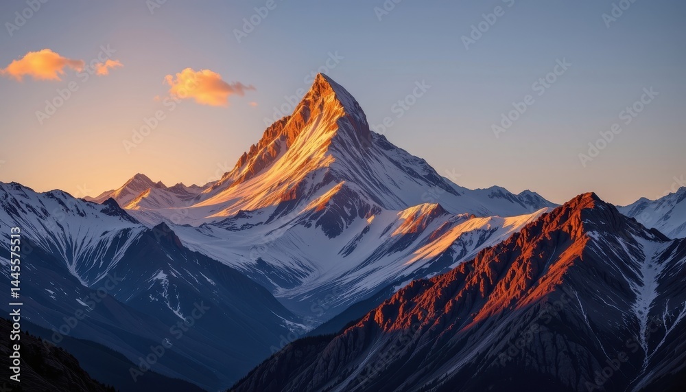 Fototapeta premium a view of a towering mountain peak in the tibetan snow capped mountains, bathed in warm golden light as the sun sets behind it, casting long shadows over the rugged terrain below.
