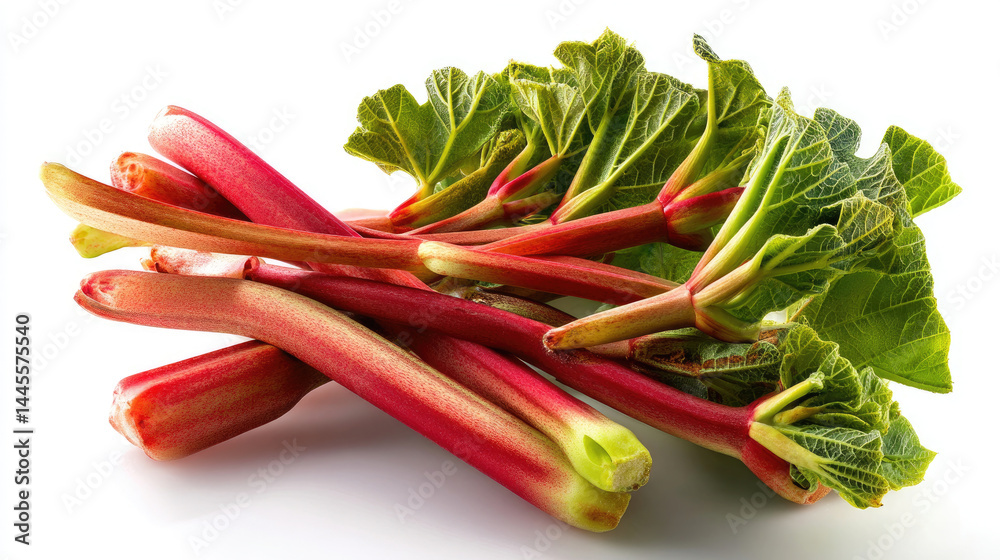 Fresh red rhubarb with green leaves Fresh red rhubarb with green leaves