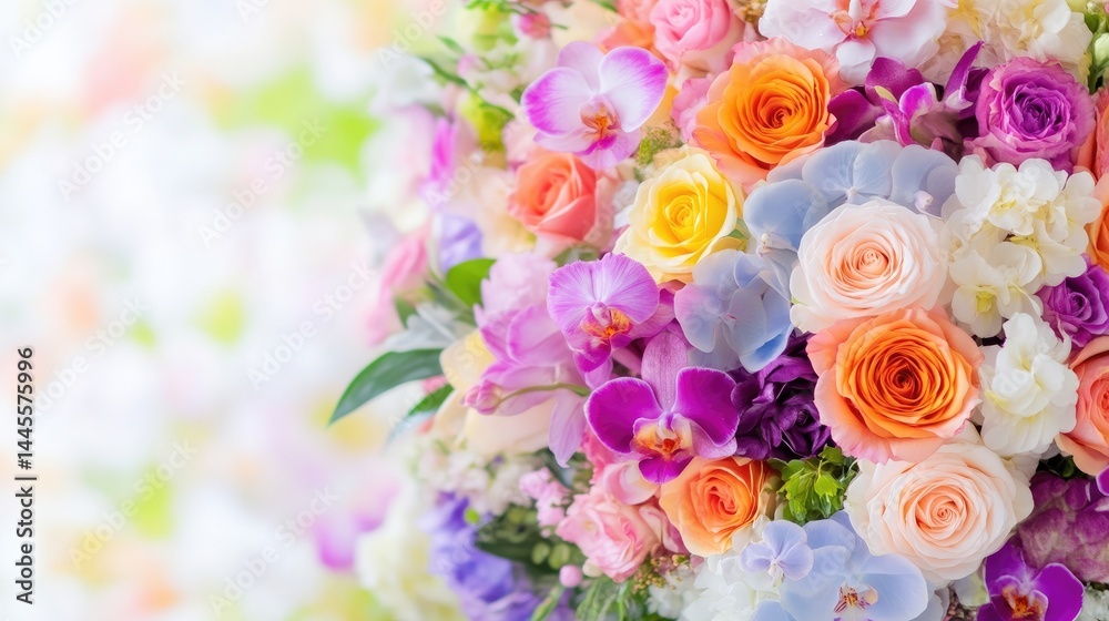 Obraz premium Vibrant bouquet of colorful roses, orchids, and hydrangeas arranged for a wedding celebration in bright daylight.
