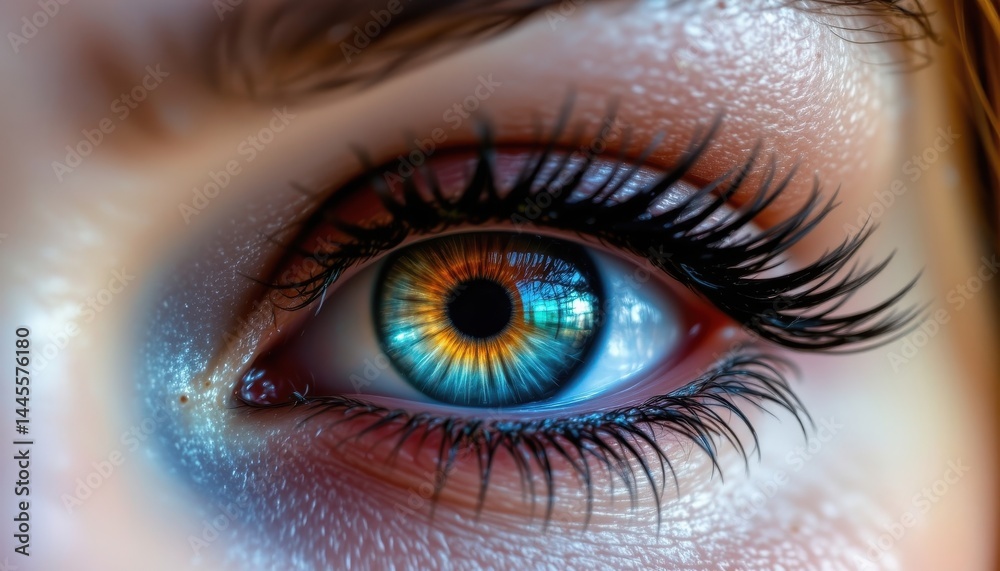 a close up photograph captures the intricate details of a vibrant female eye, showcasing a mesmerizing array of colors and patterns that draw the viewer in. a close up photograph captures the intricate details of a vibrant female eye, showcasing a mesmerizing array of colors and patterns that draw the viewer in.