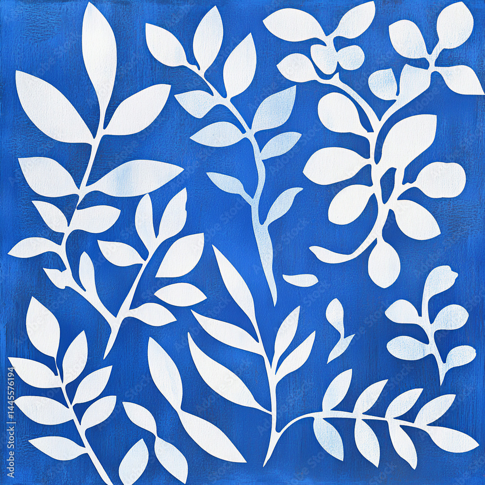 Abstract Botanical Elements in Blue and White Contrast. Graphic composition of white silhouettes of leaves and branches with a modern and simplified style on an intense blue background, suitable for s Abstract Botanical Elements in Blue and White Contrast. Graphic composition of white silhouettes of leaves and branches with a modern and simplified style on an intense blue background, suitable for s