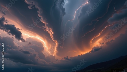 the sky is filled with dark, tumultuous clouds swirling ominously, illuminated by flashes of lightning and echoing with the deep rumble of thunder
